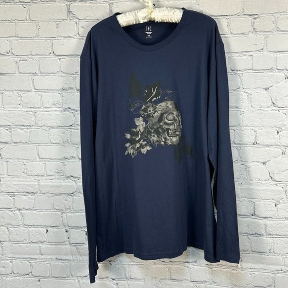 INC Unisex Jewel Tone Skull Graphic‎ Front Long Sleeve Tee, Size XXL, Navy